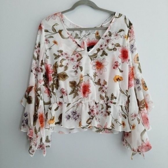 New - GUESS Jiya Ruffle Bell Sleeve Floral Sheer Blouse Sz L Flawed - Picture 3 of 14